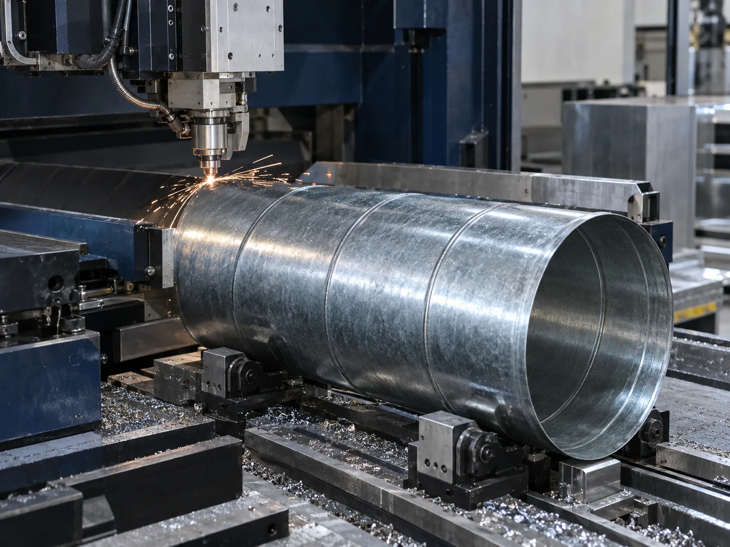 Precision cutting of galvanized steel ductwork in a manufacturing shop